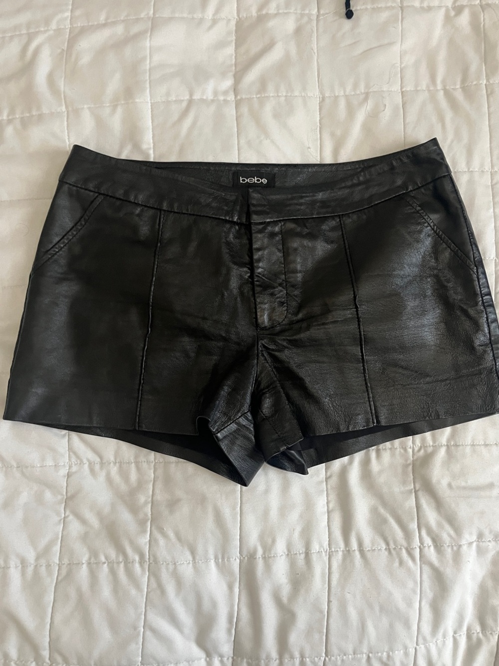 bebe Black 100% genuine Leather micro Shorts pockets 
2 1/2” inseam